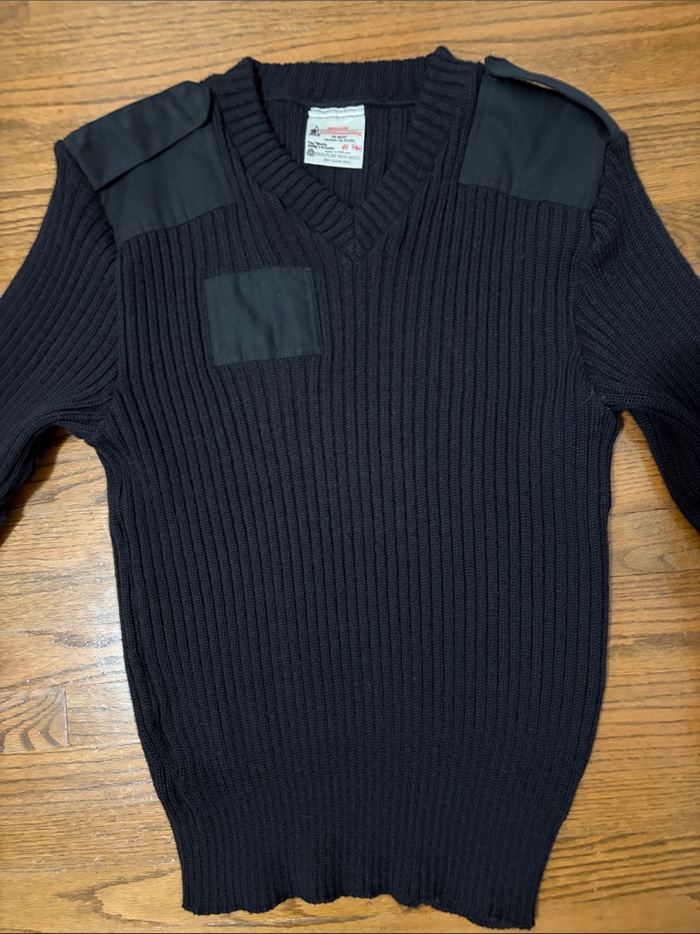 Brigade Men's Black Ribbed Wool Sweater with Shoulder Patches - Made in England